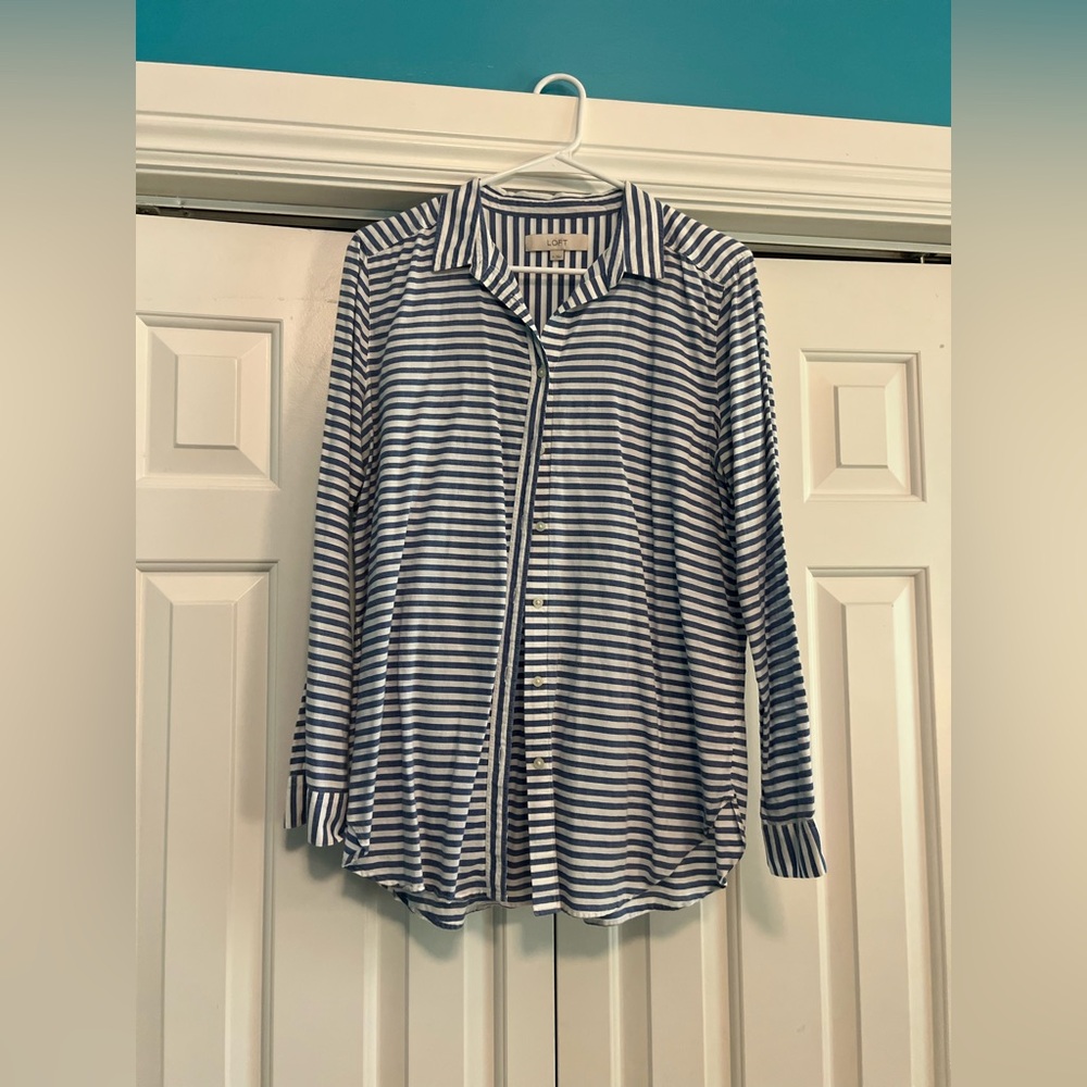 Women’s LOFT Light Blue and White Striped Button Down Shirt